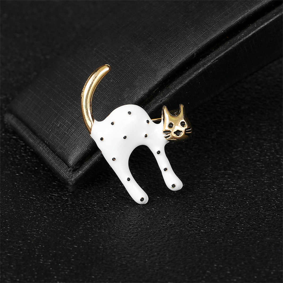 White Enamel & 18K Gold-Plated Spot Cat Brooch