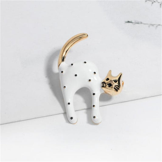 White Enamel and 18K Gold-Plated Spot Cat Brooch, jewelry gift sets for women, dainty minimalist design, front view