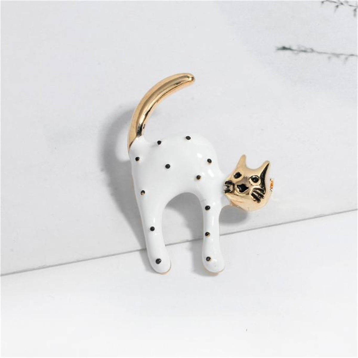 White Enamel & 18K Gold-Plated Spot Cat Brooch