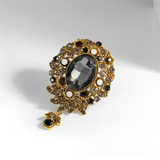 Gray Crystal and Cubic Zirconia 18K Gold-Plated Flower Oval Drop Brooch, gold brooch pin, everyday style, front view