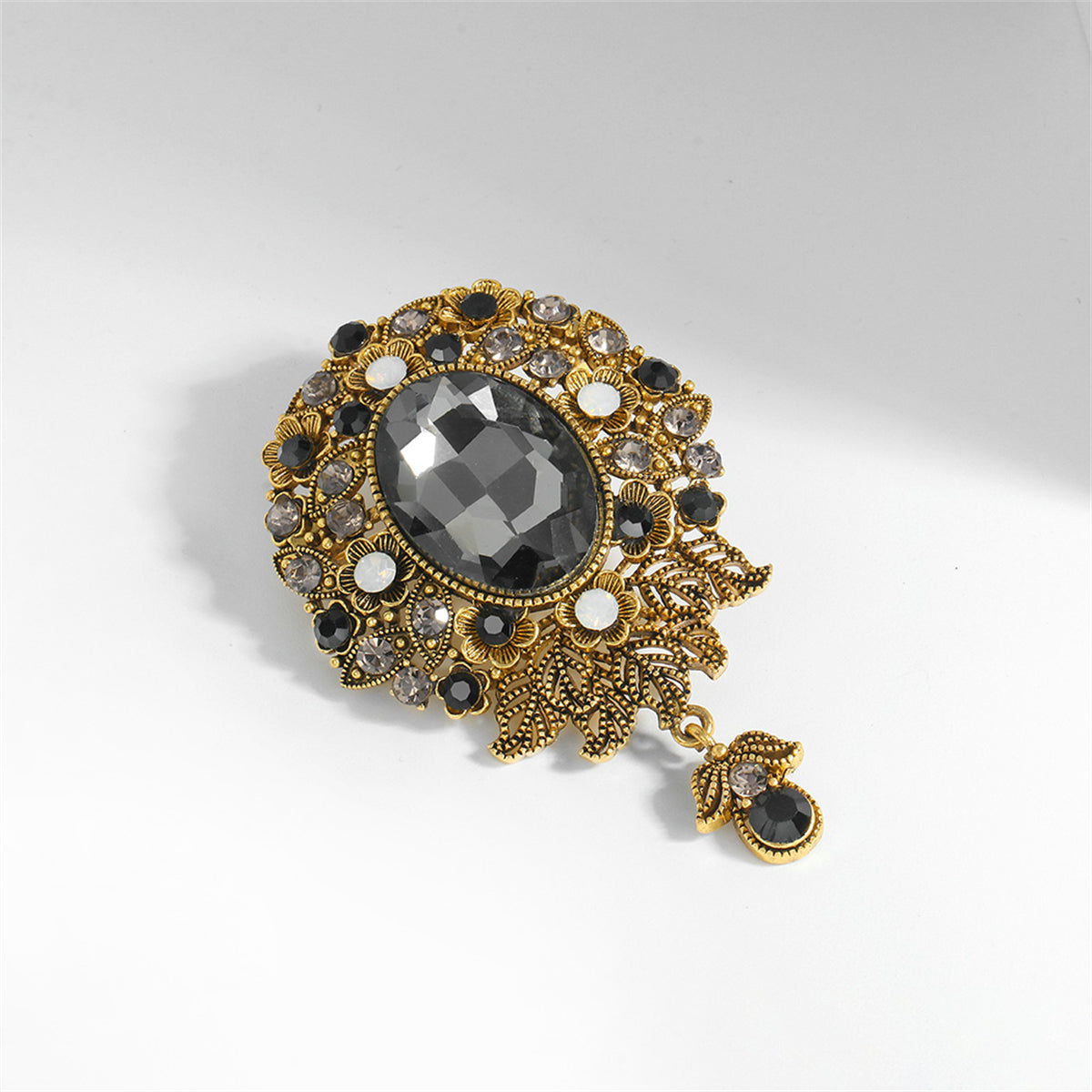 Gray Crystal and Cubic Zirconia 18K Gold-Plated Flower Oval Drop Brooch, gold brooch pin, everyday style, detail close-up
