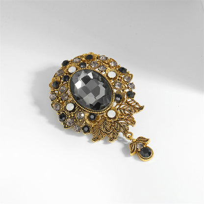 Gray Crystal and Cubic Zirconia 18K Gold-Plated Flower Oval Drop Brooch, gold brooch pin, everyday style, detail close-up