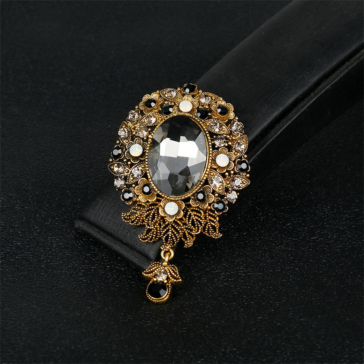 Gray Crystal and Cubic Zirconia 18K Gold-Plated Flower Oval Drop Brooch, gold brooch pin, everyday style, lifestyle look