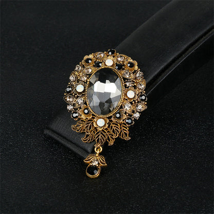 Gray Crystal and Cubic Zirconia 18K Gold-Plated Flower Oval Drop Brooch, gold brooch pin, everyday style, lifestyle look