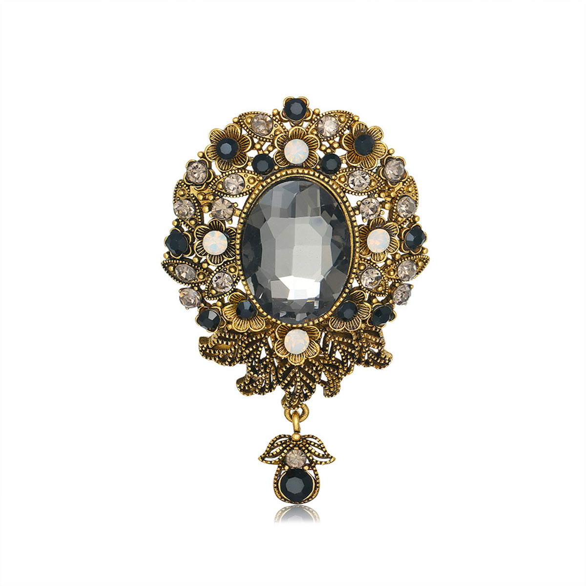 Gray Crystal and Cubic Zirconia 18K Gold-Plated Flower Oval Drop Brooch, gold brooch pin, everyday style, side view