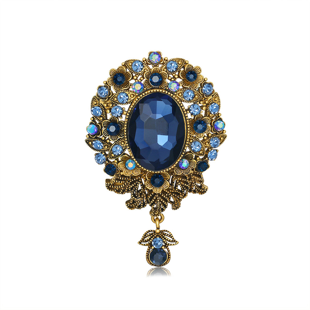 Elegant blue and gold brooch with a prominent oval stone, embellished with cubic zirconia in a floral drop design.