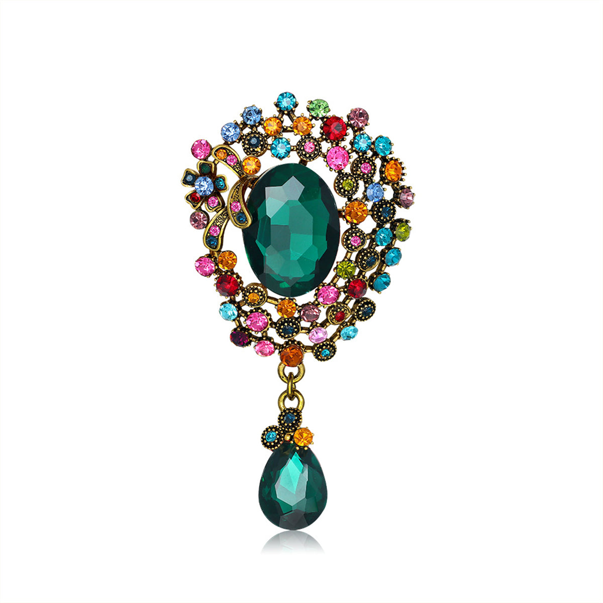 A vibrant green and multicolored brooch featuring a teardrop design, adorned with crystals and cubic zirconia.