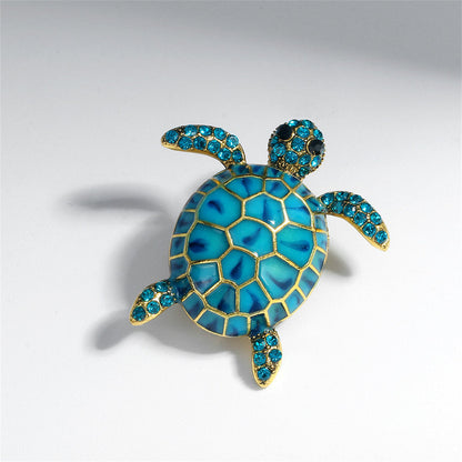 Blue Cubic Zirconia and Enamel 18K Gold-Plated Turtle Brooch, gold brooch pin, elegant gift for her, side view