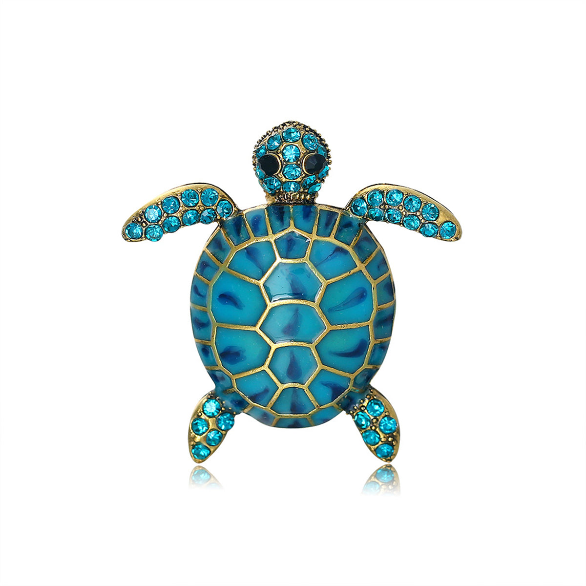 Blue Cubic Zirconia and Enamel 18K Gold-Plated Turtle Brooch, gold brooch pin, elegant gift for her, front view