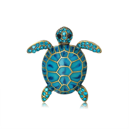 Blue Cubic Zirconia and Enamel 18K Gold-Plated Turtle Brooch, gold brooch pin, elegant gift for her, front view