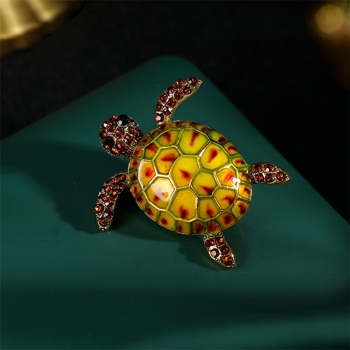 Orange Enamel and Cubic Zirconia 18K Gold-Plated Turtle Brooch, gold brooch pin, botanical inspired, front view