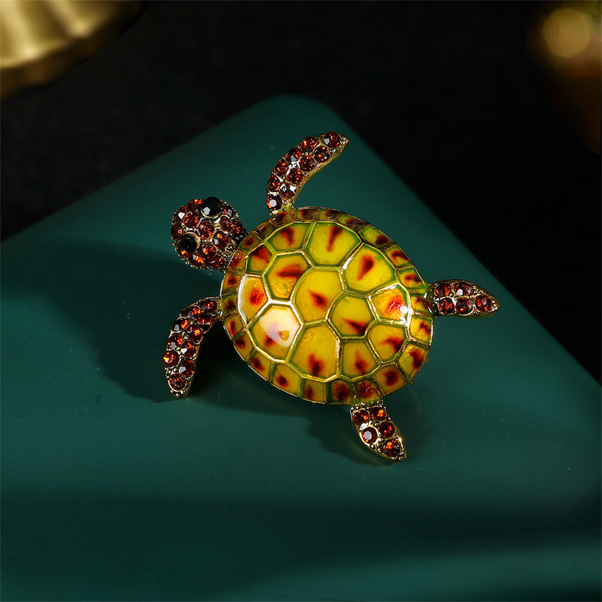Orange Enamel & Cubic Zirconia 18K Gold-Plated Turtle Brooch