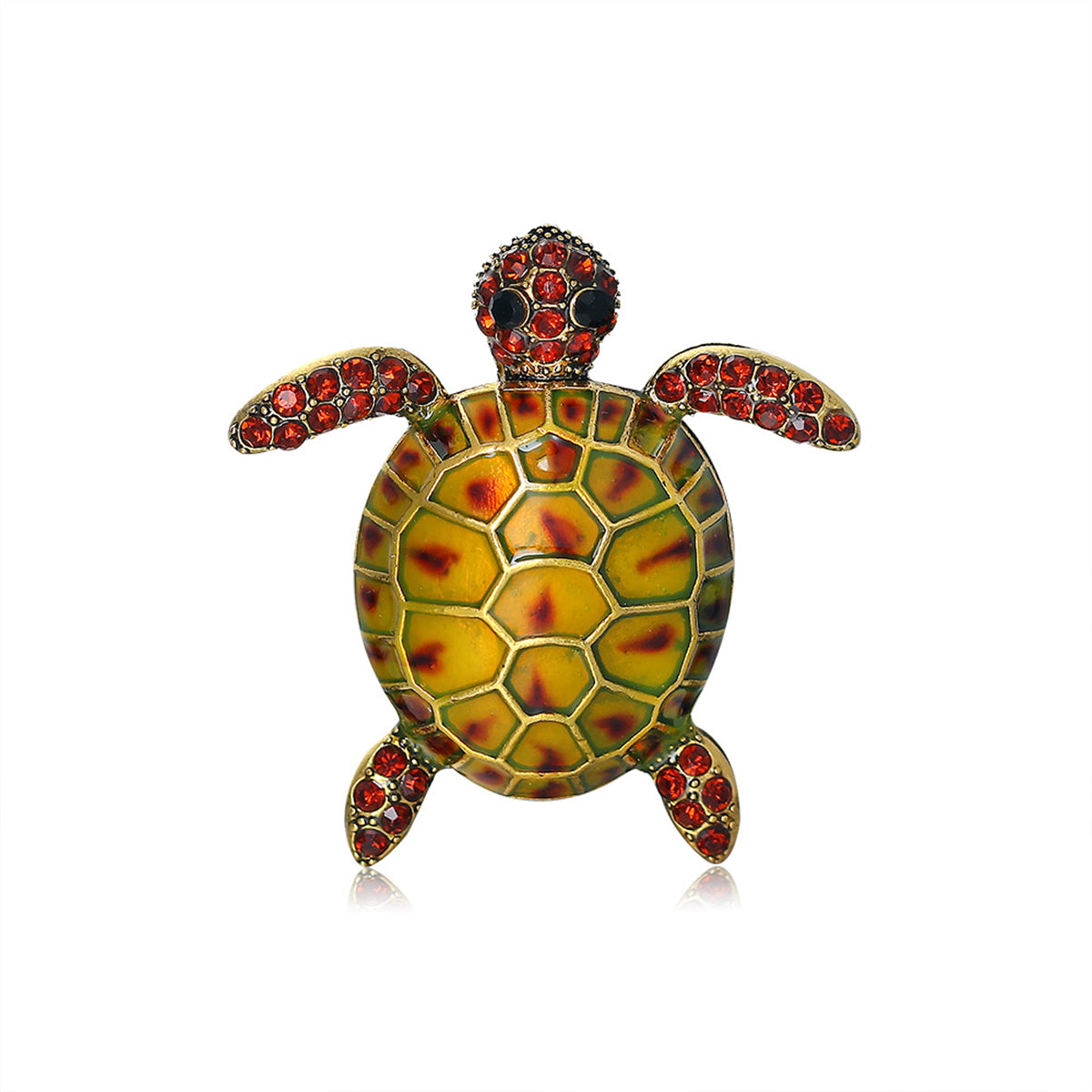 Orange Enamel and Cubic Zirconia 18K Gold-Plated Turtle Brooch, gold brooch pin, botanical inspired, side view
