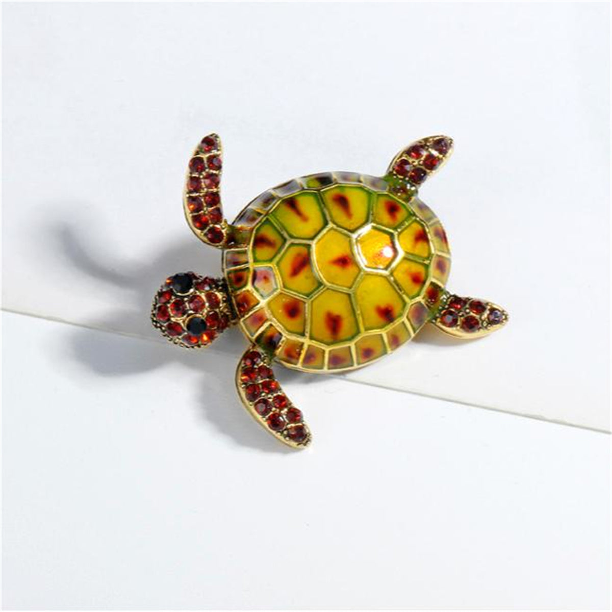 Orange Enamel and Cubic Zirconia 18K Gold-Plated Turtle Brooch, gold brooch pin, botanical inspired, detail close-up
