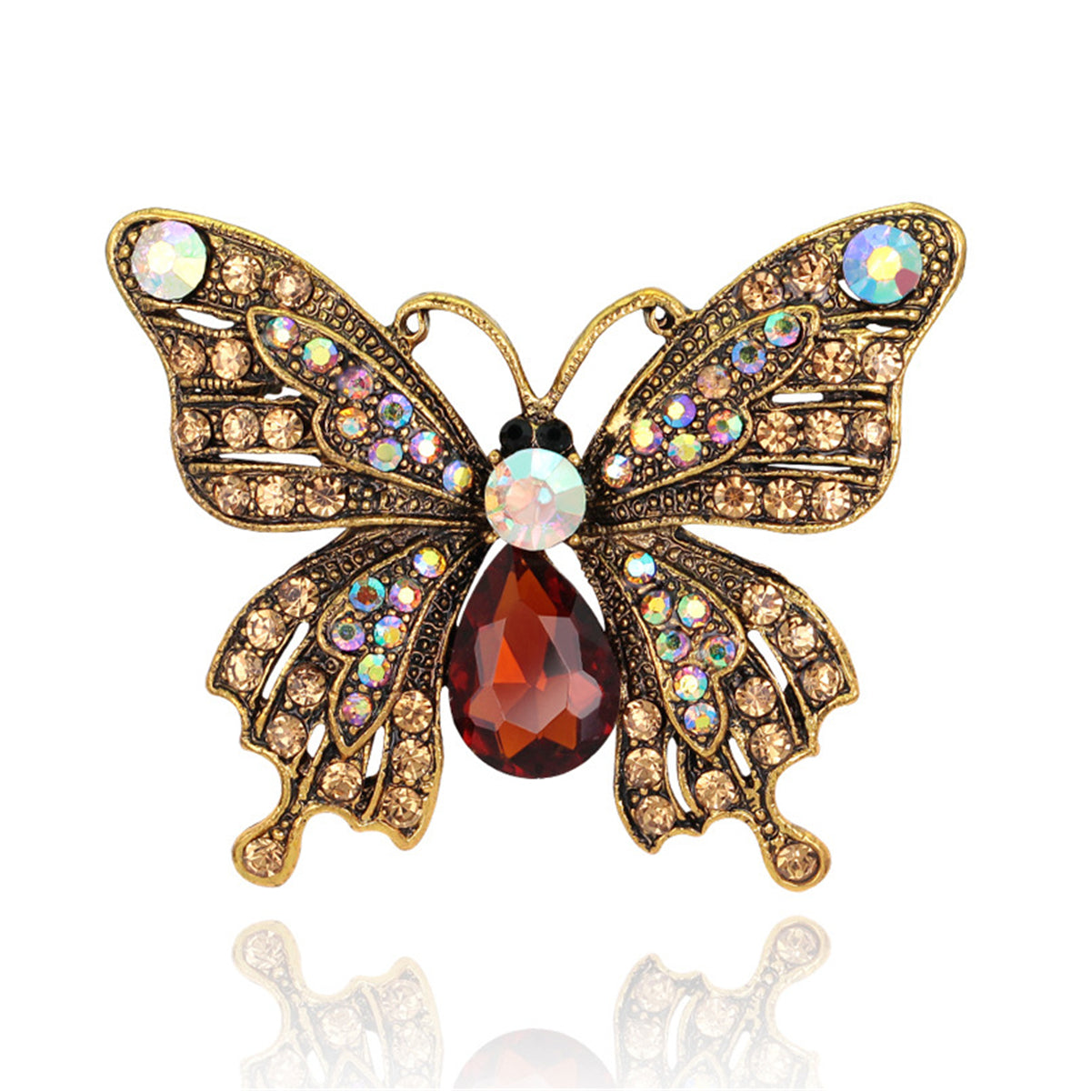 Green Crystal and Cubic Zirconia 18K Gold-Plated Butterfly Brooch, jewelry gift sets for women, front view