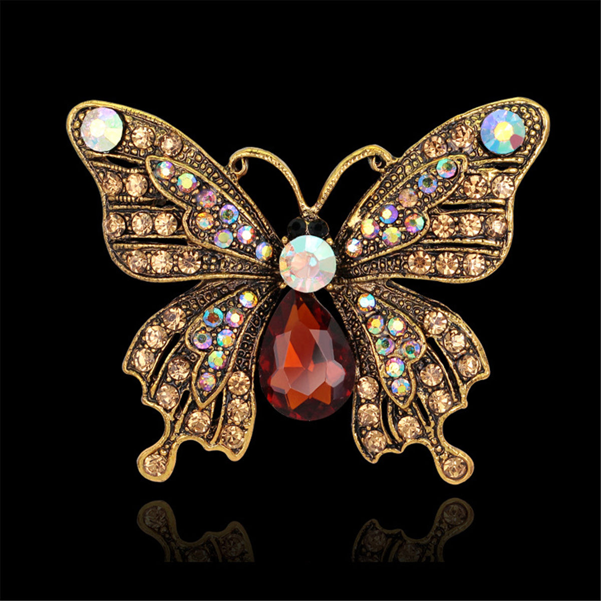 Green Crystal and Cubic Zirconia 18K Gold-Plated Butterfly Brooch, jewelry gift sets for women, detail close-up