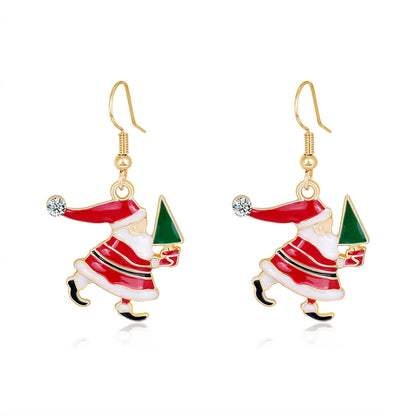 Red Enamel and Cubic Zirconia Santa and Tree Drop Earrings, drop earrings for women, vintage-inspired design, front view