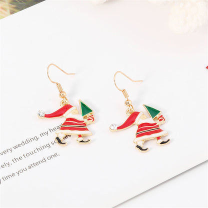 Red Enamel and Cubic Zirconia Santa and Tree Drop Earrings, drop earrings for women, vintage-inspired design, detail close-up