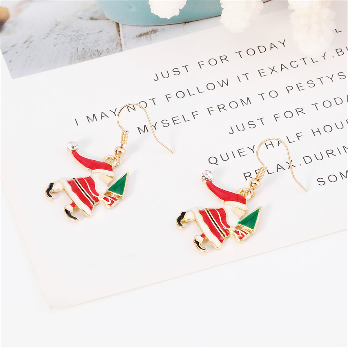 Red Enamel and Cubic Zirconia Santa and Tree Drop Earrings, drop earrings for women, vintage-inspired design, side view