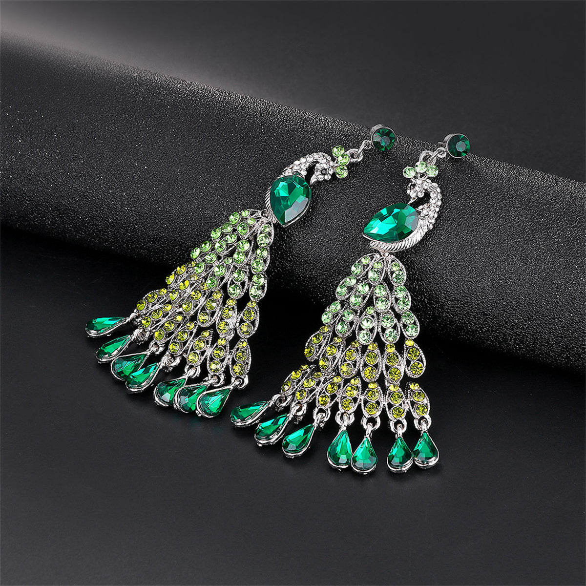 Crystal and Cubic Zirconia Peacock Tassel Drop Earrings, drop earrings for women, dainty minimalist design, front view