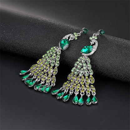 Crystal and Cubic Zirconia Peacock Tassel Drop Earrings, drop earrings for women, dainty minimalist design, front view