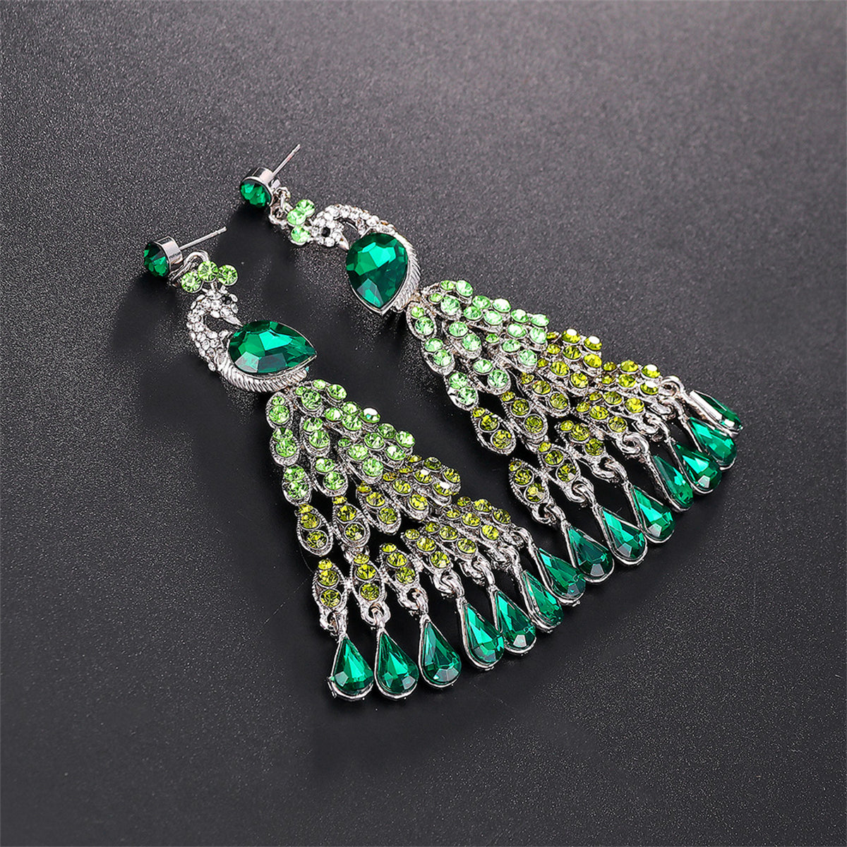 Crystal and Cubic Zirconia Peacock Tassel Drop Earrings, drop earrings for women, dainty minimalist design, detail close-up