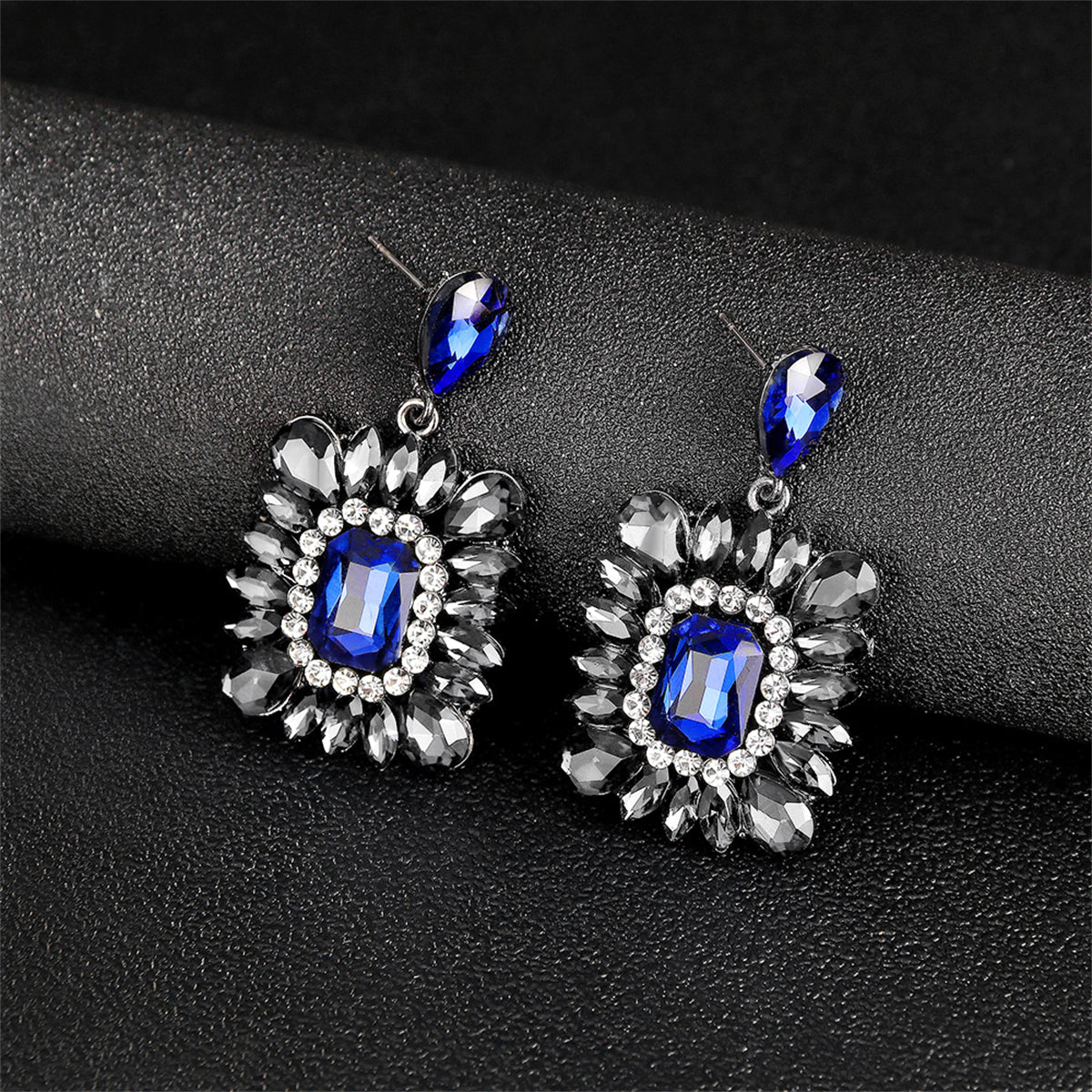 Blue & Cubic Zirconia Rectangle Drop Earrings