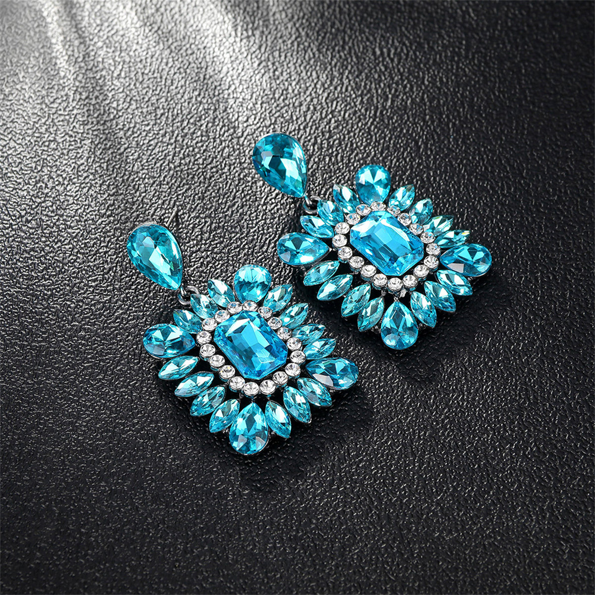 Blue Crystal & Clear Cubic Zirconia Rectangle Drop Earrings