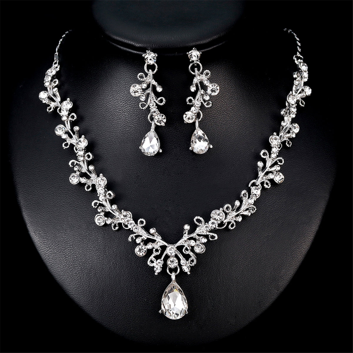 Crystal and Cubic Zirconia Botanical Collar Necklace Set, drop earrings for women, elegant gift for her, lifestyle look