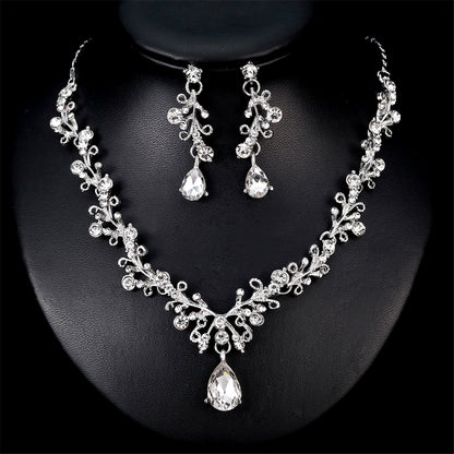 Crystal and Cubic Zirconia Botanical Collar Necklace Set, drop earrings for women, elegant gift for her, lifestyle look