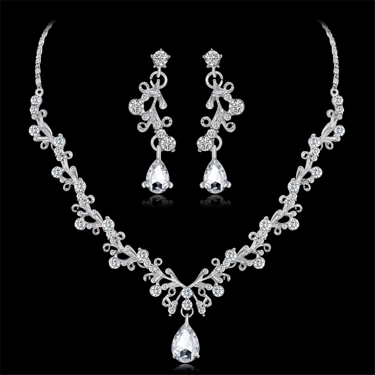 Crystal and Cubic Zirconia Botanical Collar Necklace Set, drop earrings for women, elegant gift for her, styled look