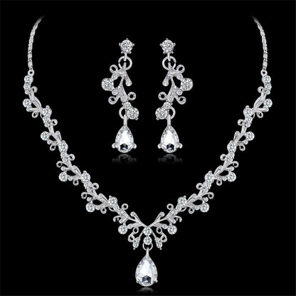 Crystal and Cubic Zirconia Botanical Collar Necklace Set, drop earrings for women, elegant gift for her, styled look