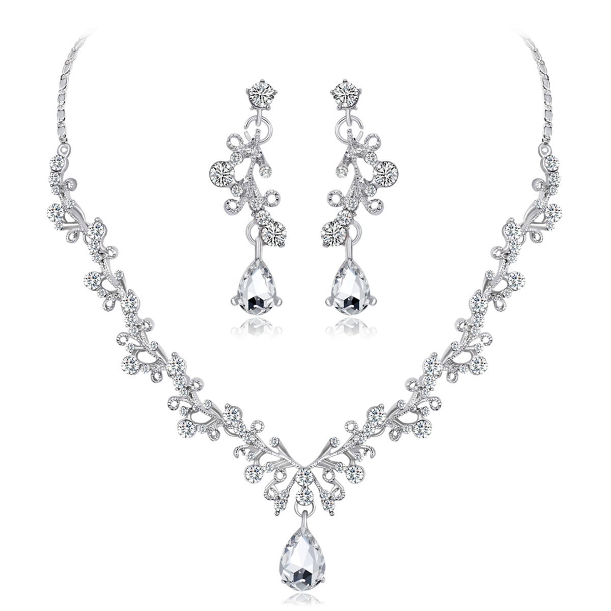 Crystal and Cubic Zirconia Botanical Collar Necklace Set, drop earrings for women, elegant gift for her, front view