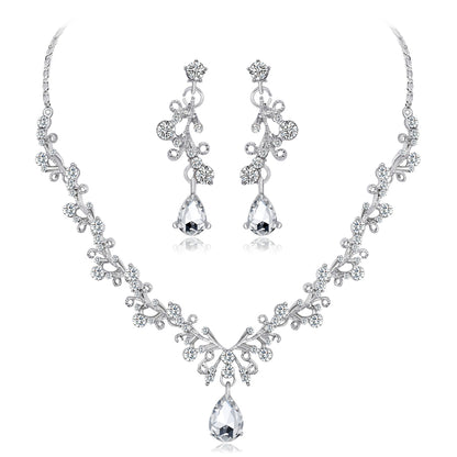 Crystal and Cubic Zirconia Botanical Collar Necklace Set, drop earrings for women, elegant gift for her, front view