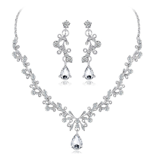 Crystal and Cubic Zirconia Botanical Collar Necklace Set, drop earrings for women, elegant gift for her, front view