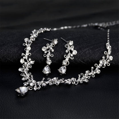 Crystal and Cubic Zirconia Botanical Collar Necklace Set, drop earrings for women, elegant gift for her, side view