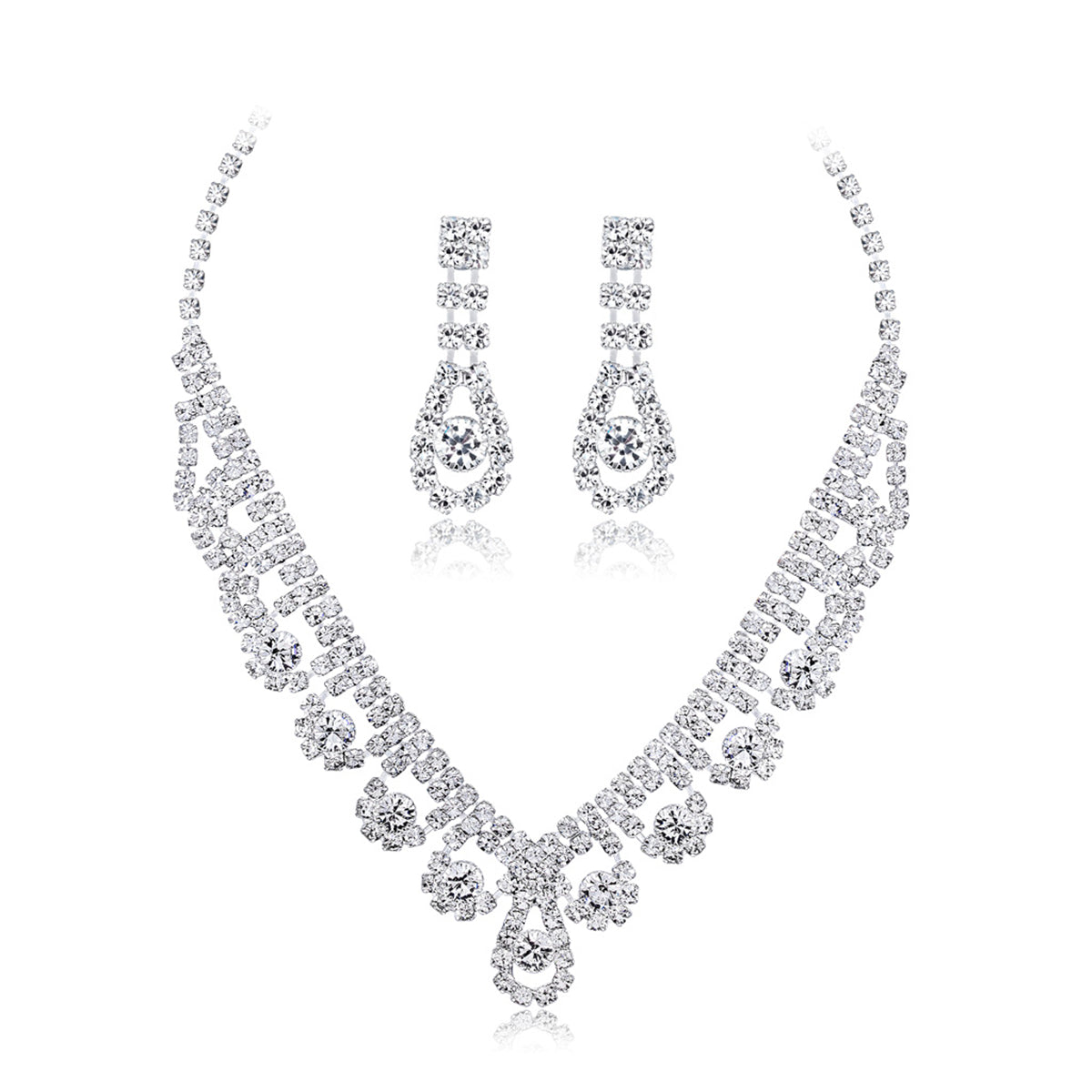 Cubic Zirconia and Silver-Plated Tassel Necklace Set, silver drop earrings for women, botanical inspired, front view
