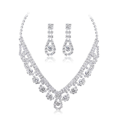 Cubic Zirconia and Silver-Plated Tassel Necklace Set, silver drop earrings for women, botanical inspired, front view