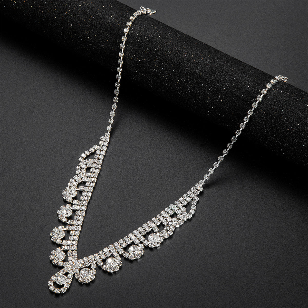 Cubic Zirconia and Silver-Plated Tassel Necklace Set, silver drop earrings for women, botanical inspired, side view