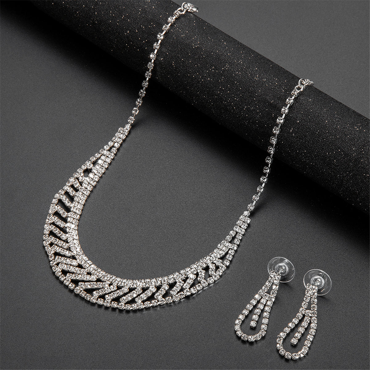 Cubic Zirconia and Silver-Plated Statement Necklace and Drop Earrings, silver drop earrings for women, front view
