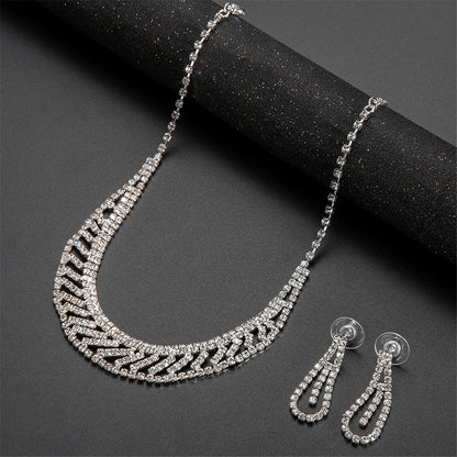 Cubic Zirconia and Silver-Plated Statement Necklace and Drop Earrings, silver drop earrings for women, front view