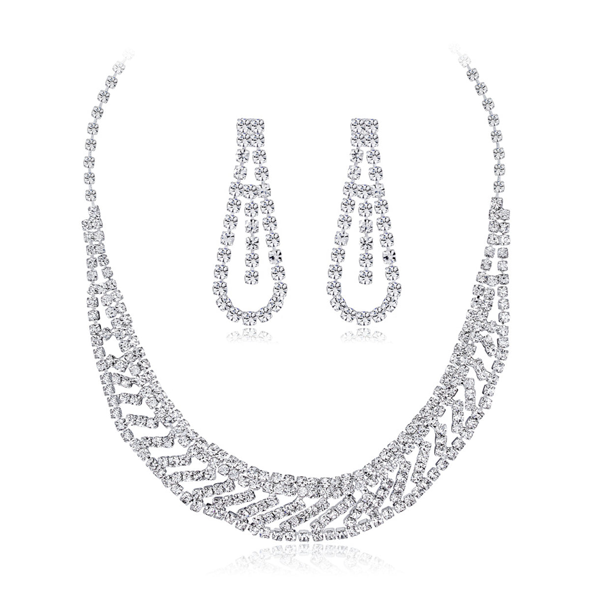 Cubic Zirconia and Silver-Plated Statement Necklace and Drop Earrings, silver drop earrings for women, side view