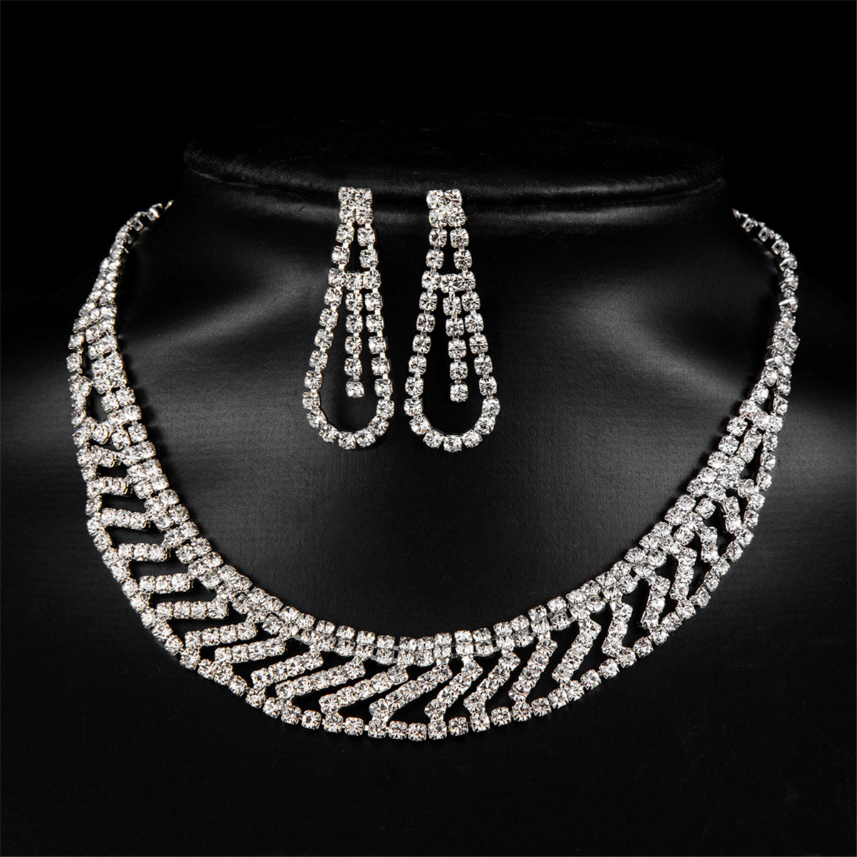 Cubic Zirconia and Silver-Plated Statement Necklace and Drop Earrings, silver drop earrings for women, detail close-up