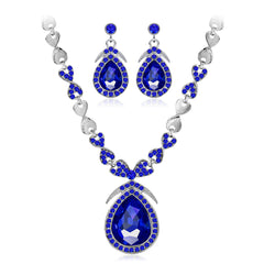 Blue Crystal & Silver-Plated Pendant Necklace & Drop Earrings