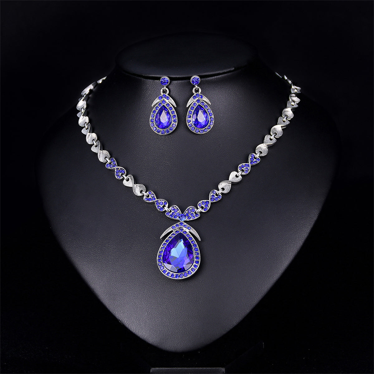 Blue Crystal & Silver-Plated Pendant Necklace & Drop Earrings