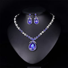 Blue Crystal & Silver-Plated Pendant Necklace & Drop Earrings