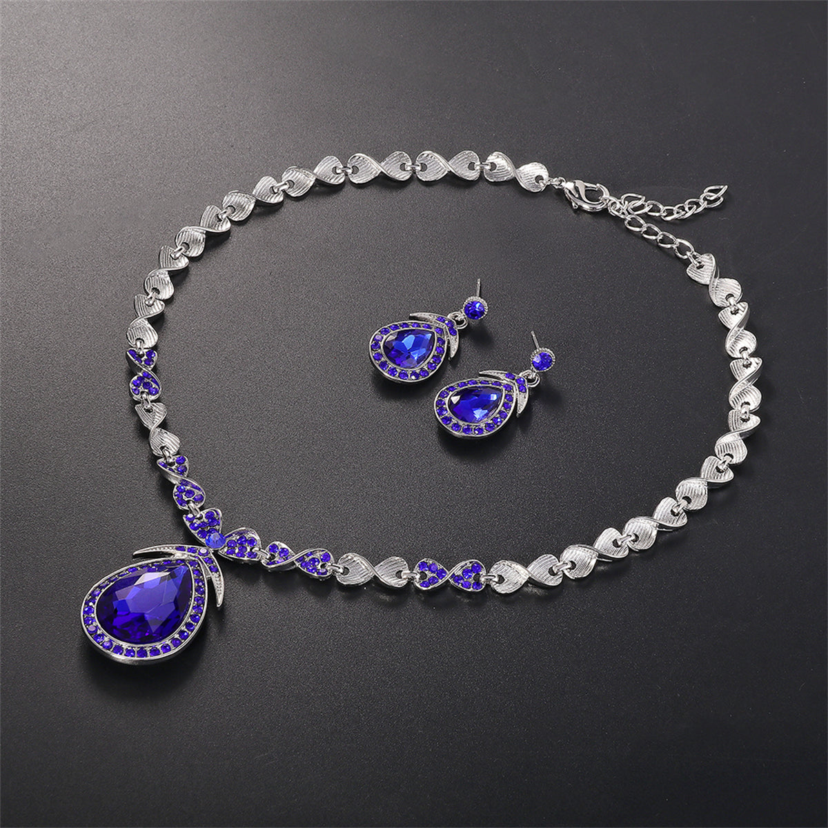 Blue Crystal & Silver-Plated Pendant Necklace & Drop Earrings