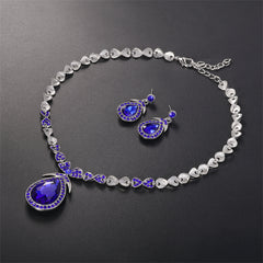 Blue Crystal & Silver-Plated Pendant Necklace & Drop Earrings