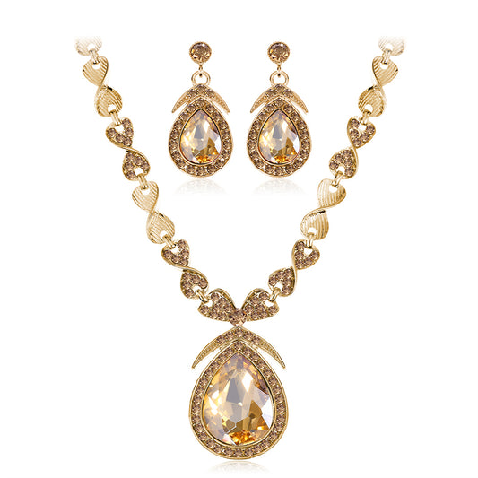 Champagne Crystal and 18K Gold-Plated Drop Pendant Necklace Set, gold drop earrings for women, front view