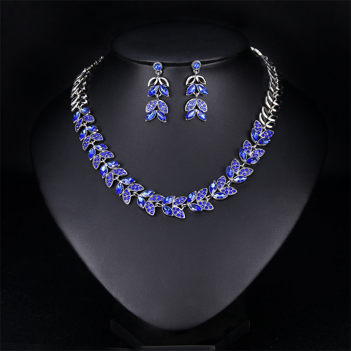 Blue Crystal & Silver-Plated Ear Of Wheat Necklace & Drop Earrings